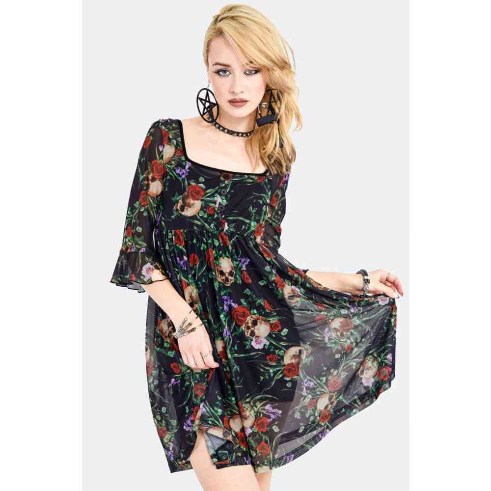 Jawbreaker - Skull In Roses Gothic Babydoll Robe courte - Multicolore